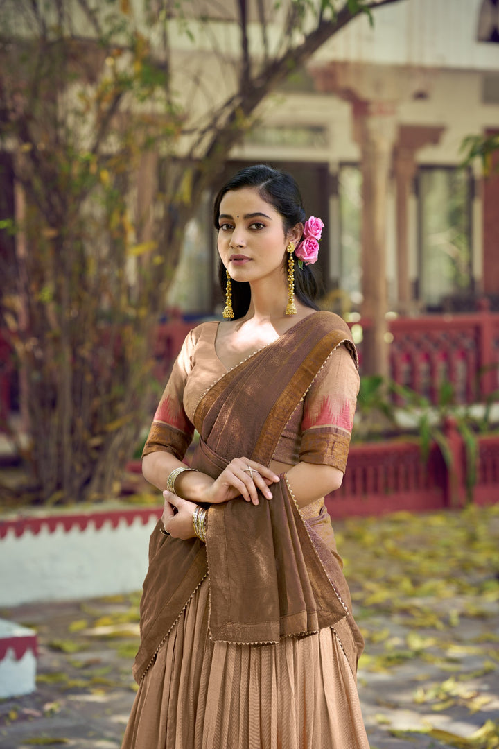 Chikoo Color Zari Border Dyeable Silk Half Saree