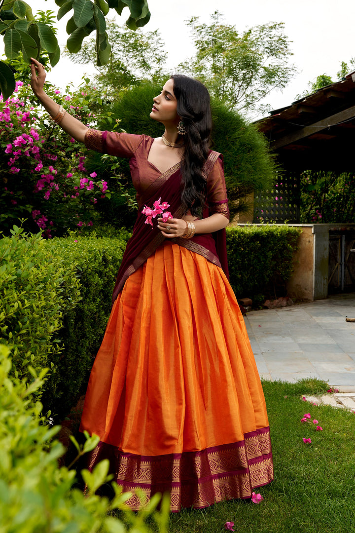 Designer Rust Orange Kanchipuram Half Saree