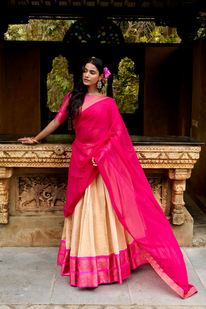 Designer Off-White Kanchipuram Half Saree