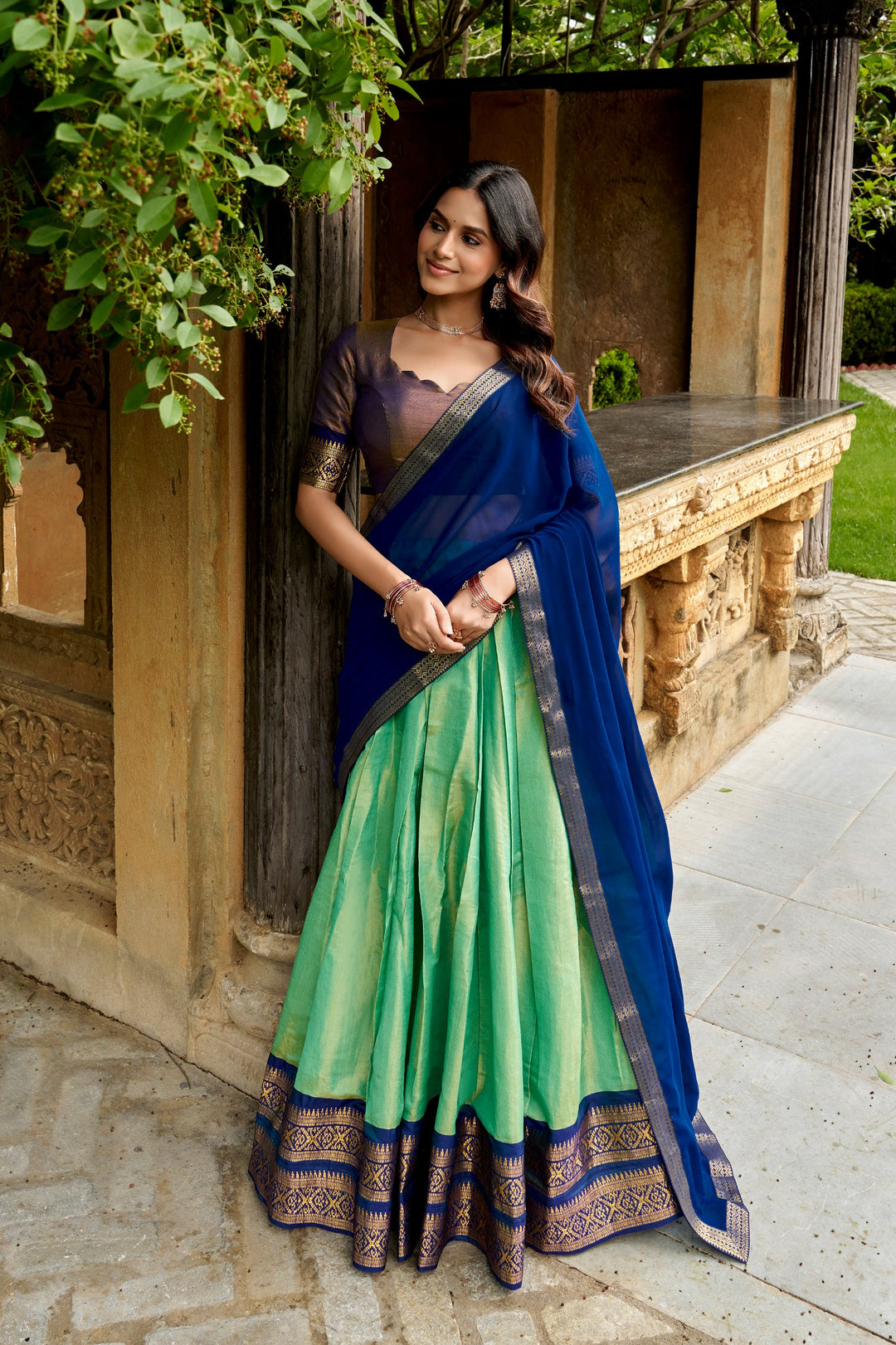 Designer Mint Green Kanchipuram Half Saree