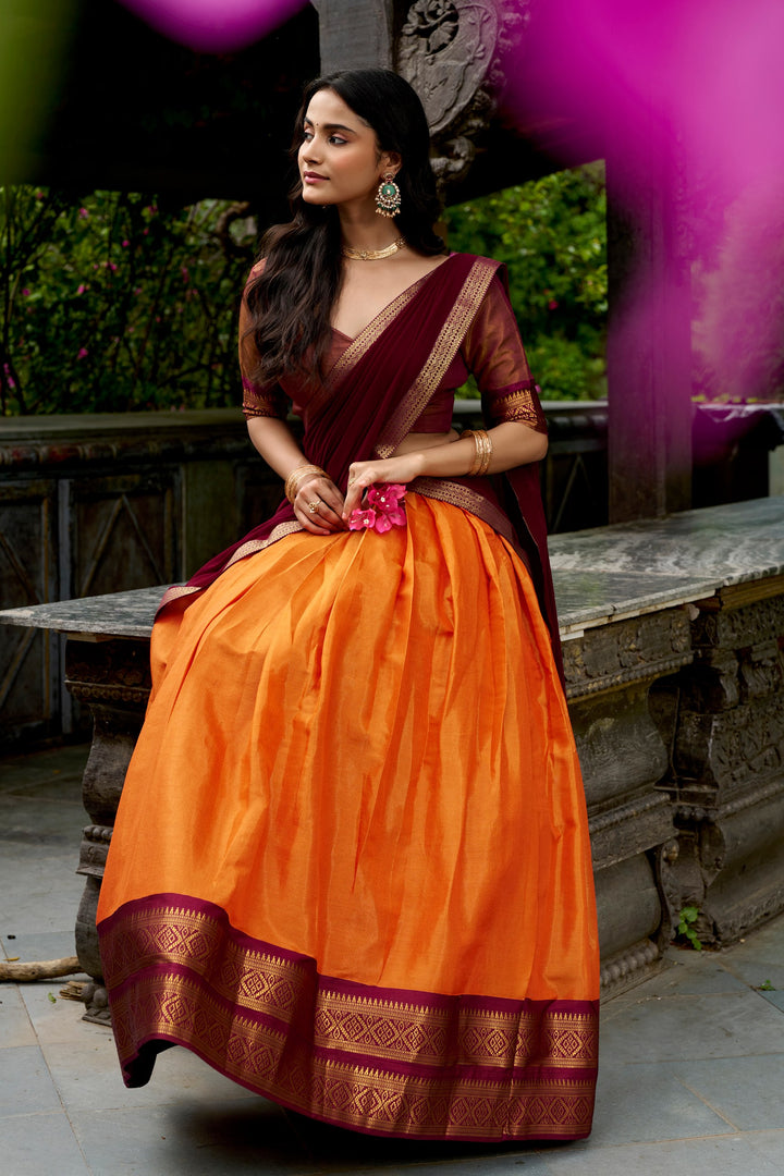 Designer Rust Orange Kanchipuram Half Saree