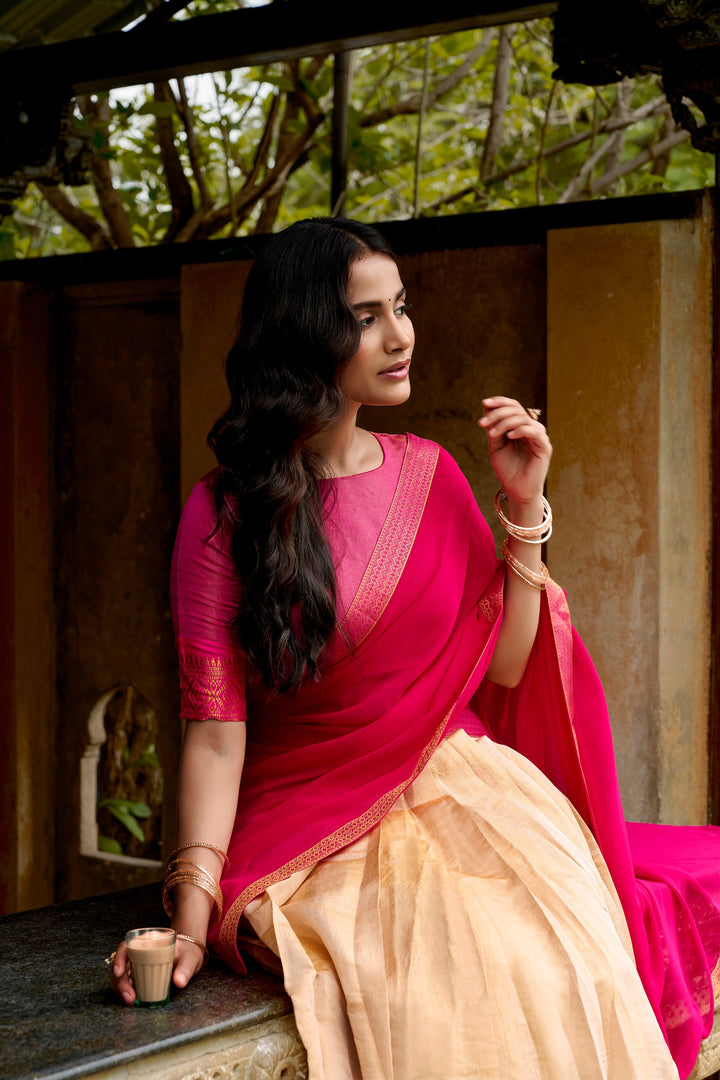 Designer Off-White Kanchipuram Half Saree