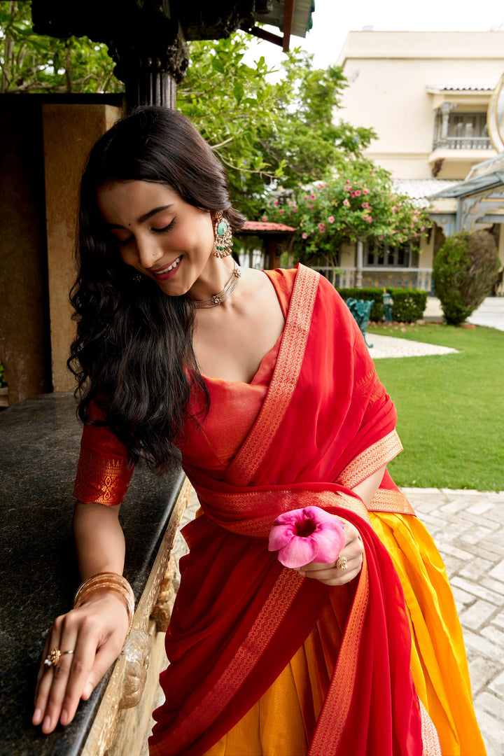 Designer Golden Yellow Kanchipuram Half Saree