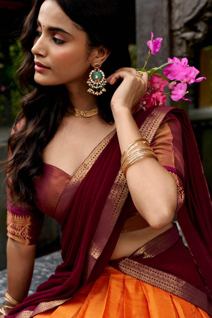 Designer Rust Orange Kanchipuram Half Saree