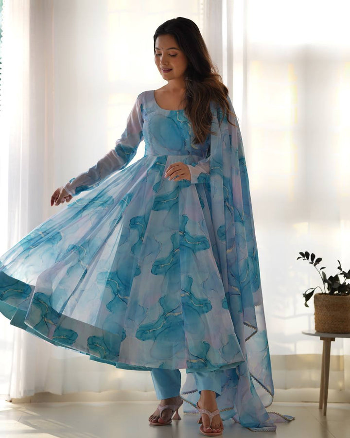 Sky Blue Marble Printed Flared Organza Anarkali Suit