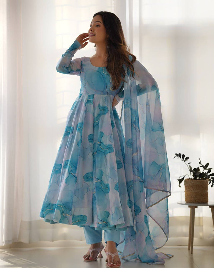Sky Blue Marble Printed Flared Organza Anarkali Suit