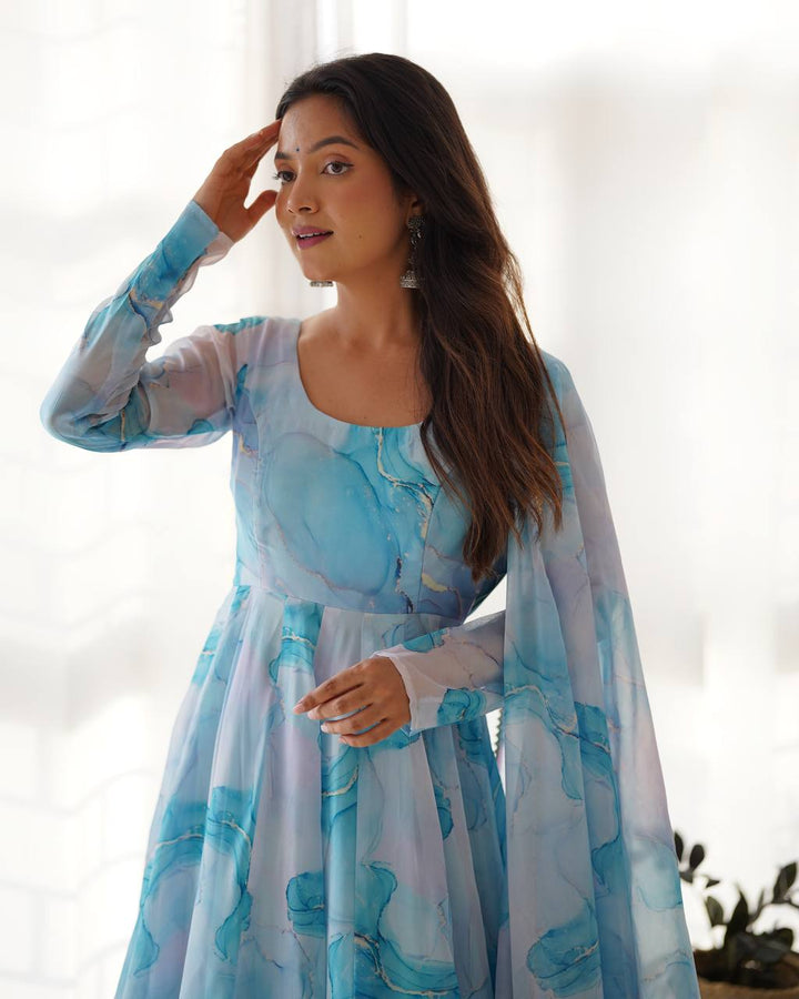 Sky Blue Marble Printed Flared Organza Anarkali Suit