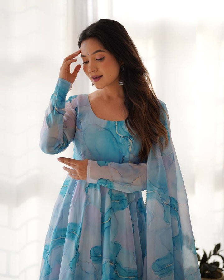 Sky Blue Marble Printed Flared Organza Anarkali Suit