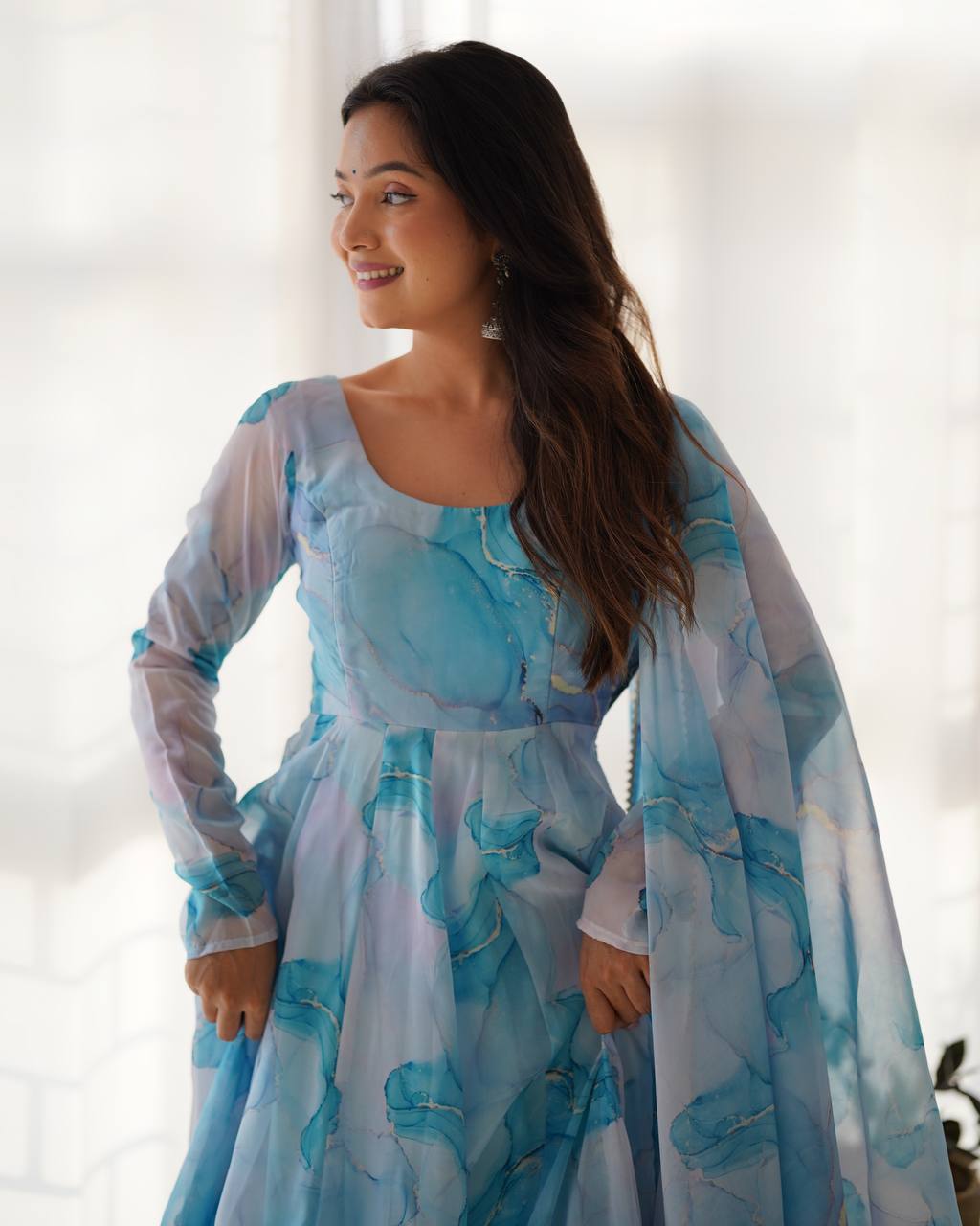 Sky Blue Marble Printed Flared Organza Anarkali Suit