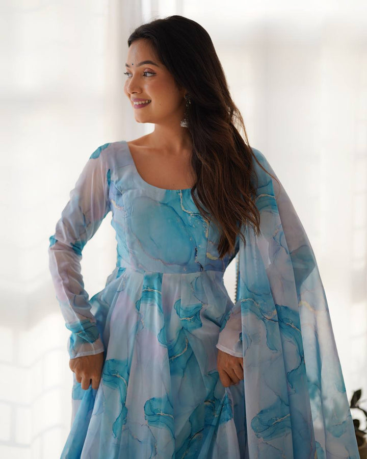 Sky Blue Marble Printed Flared Organza Anarkali Suit