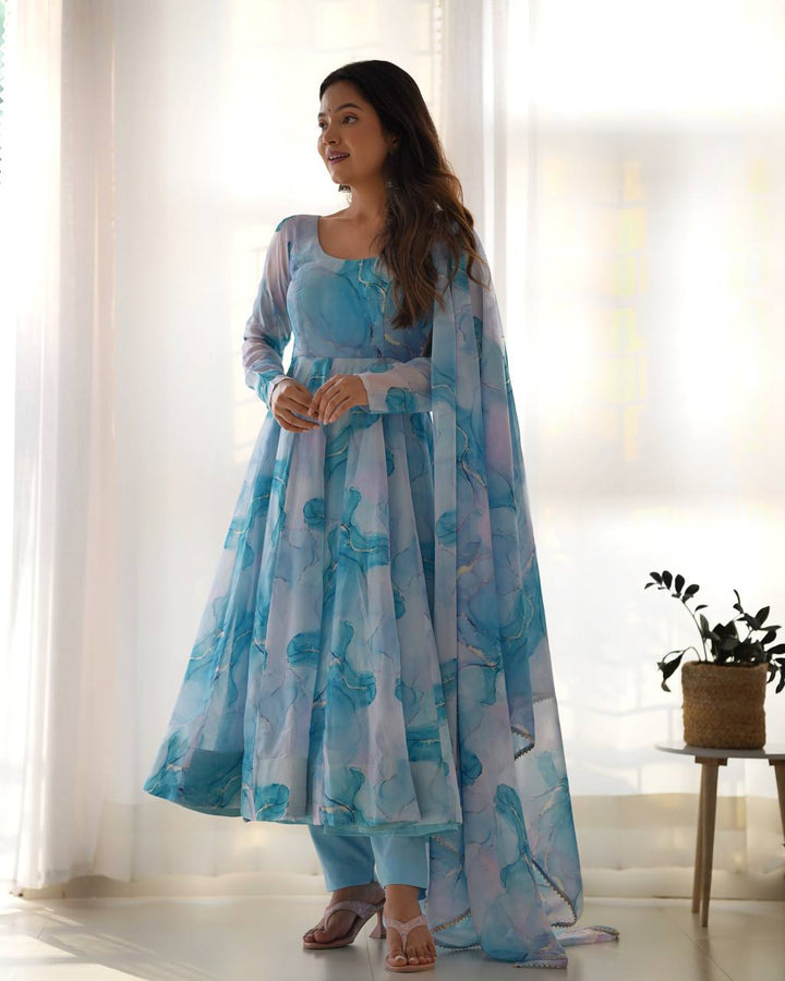 Sky Blue Marble Printed Flared Organza Anarkali Suit