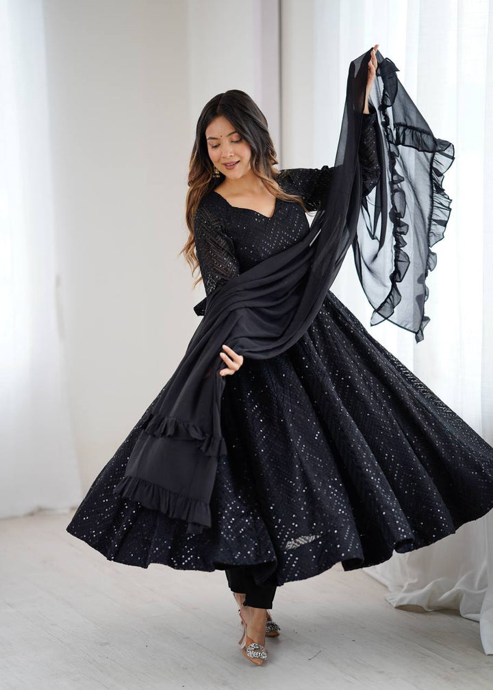 Black Color Chikankari Embroidered Flared Anarkali Set