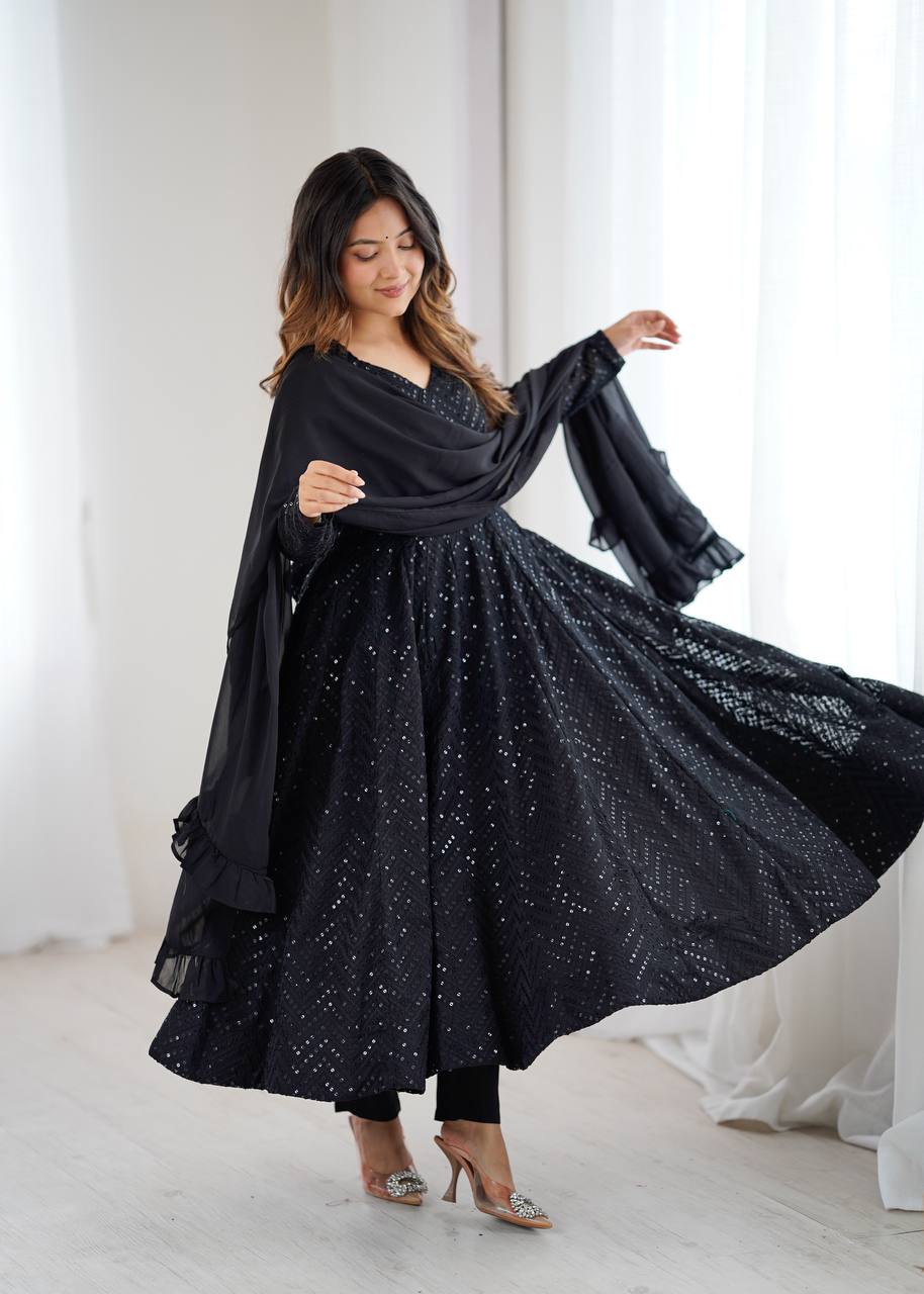 Black Color Chikankari Embroidered Flared Anarkali Set