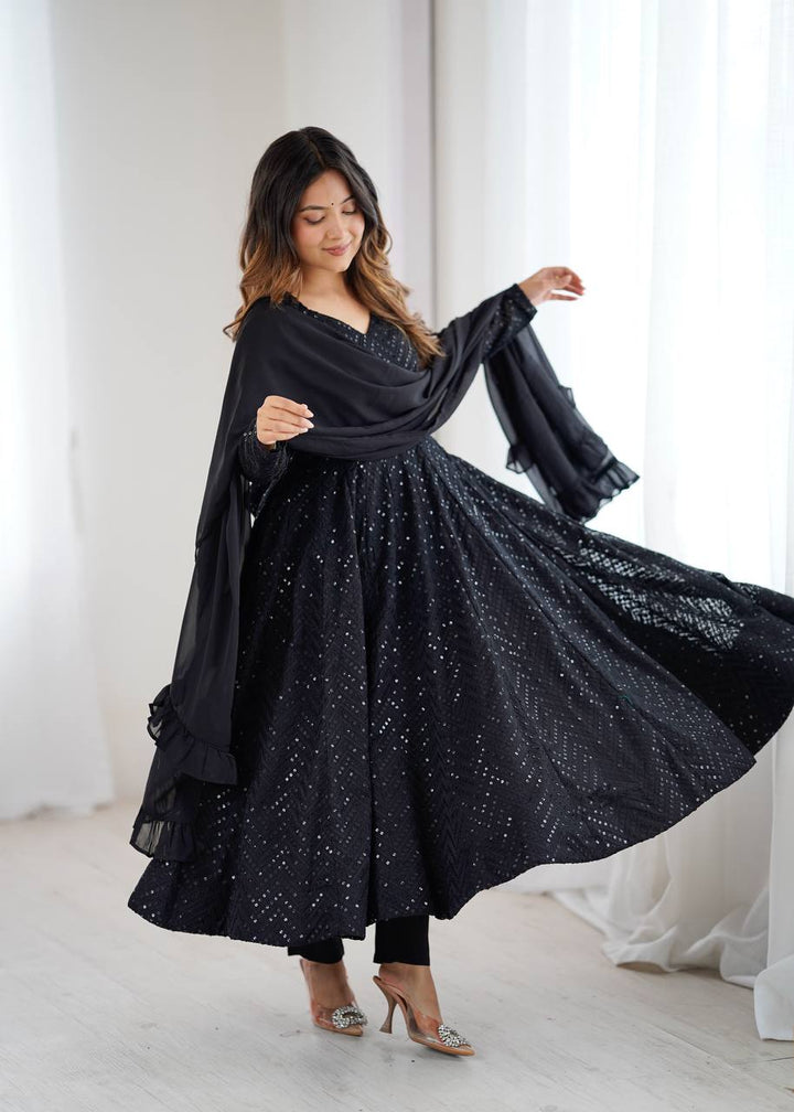 Black Color Chikankari Embroidered Flared Anarkali Set