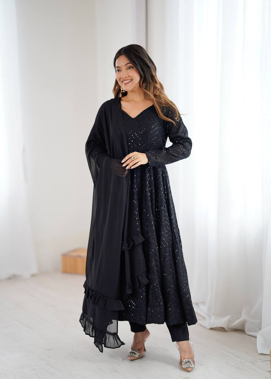 Black Color Chikankari Embroidered Flared Anarkali Set