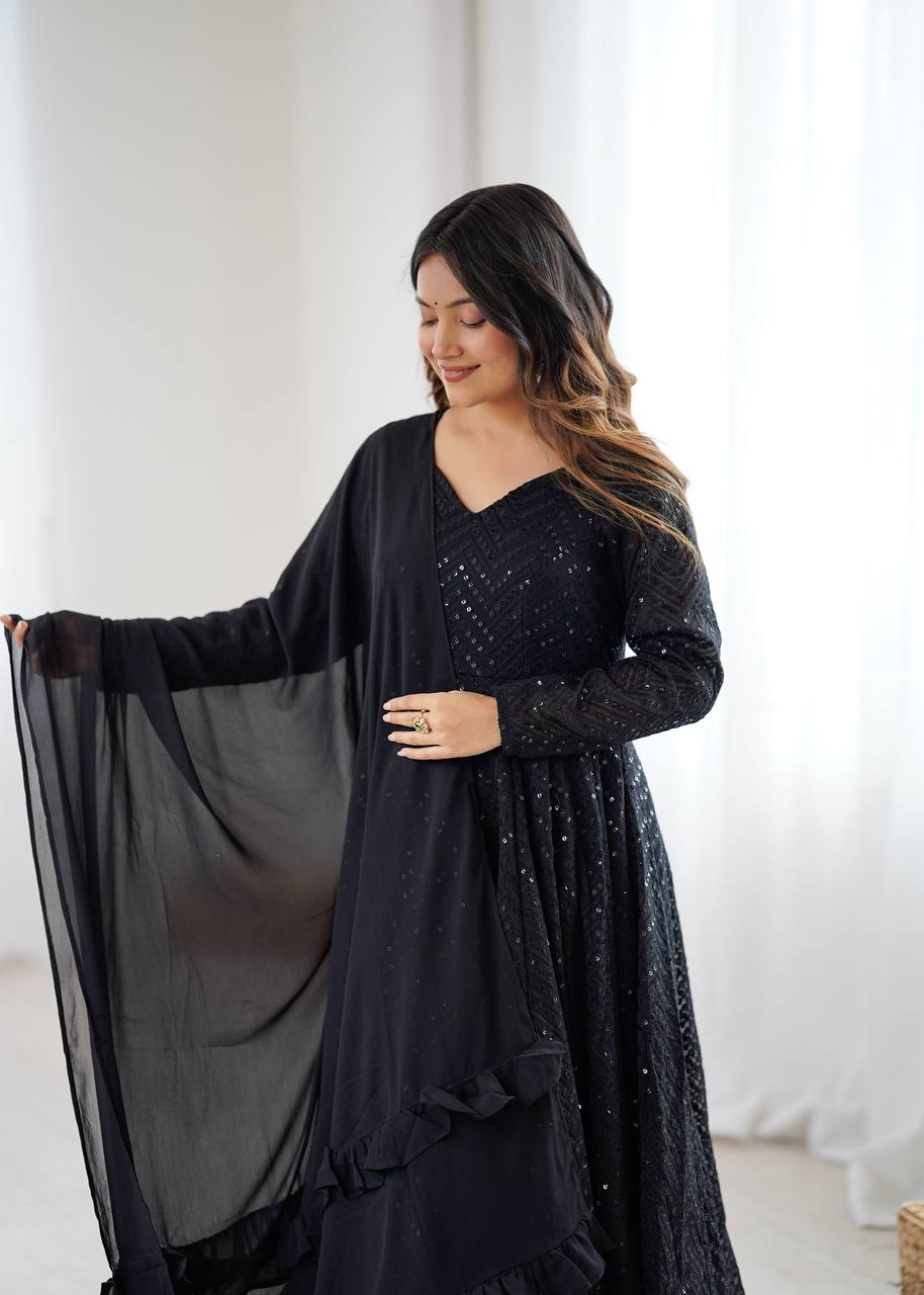 Black Color Chikankari Embroidered Flared Anarkali Set