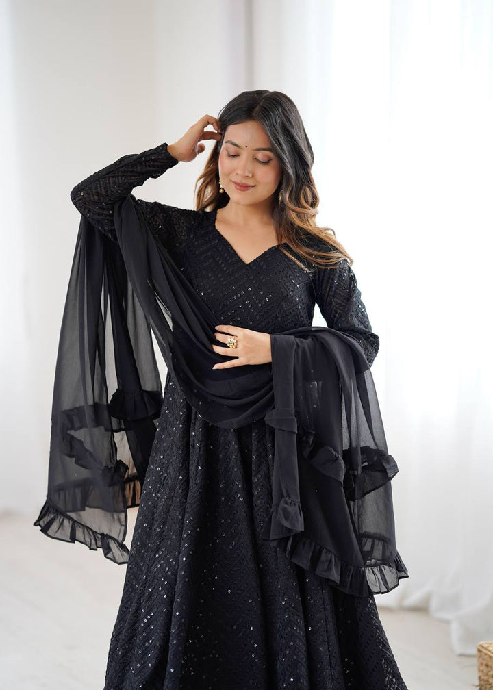 Black Color Chikankari Embroidered Flared Anarkali Set