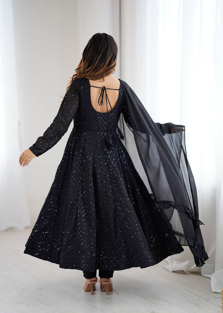 Black Color Chikankari Embroidered Flared Anarkali Set