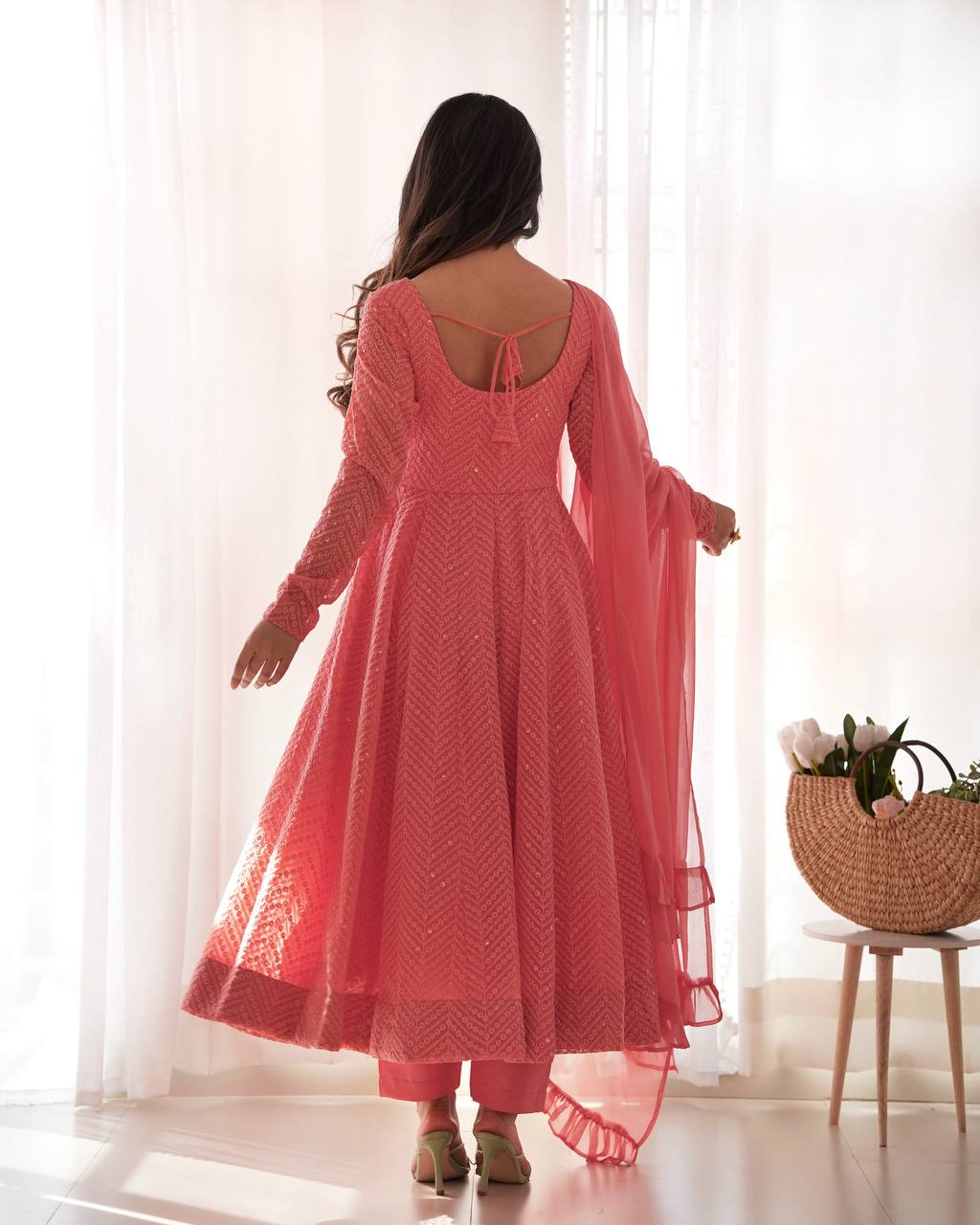 Peach Color Chikankari Embroidered Flared Anarkali Set