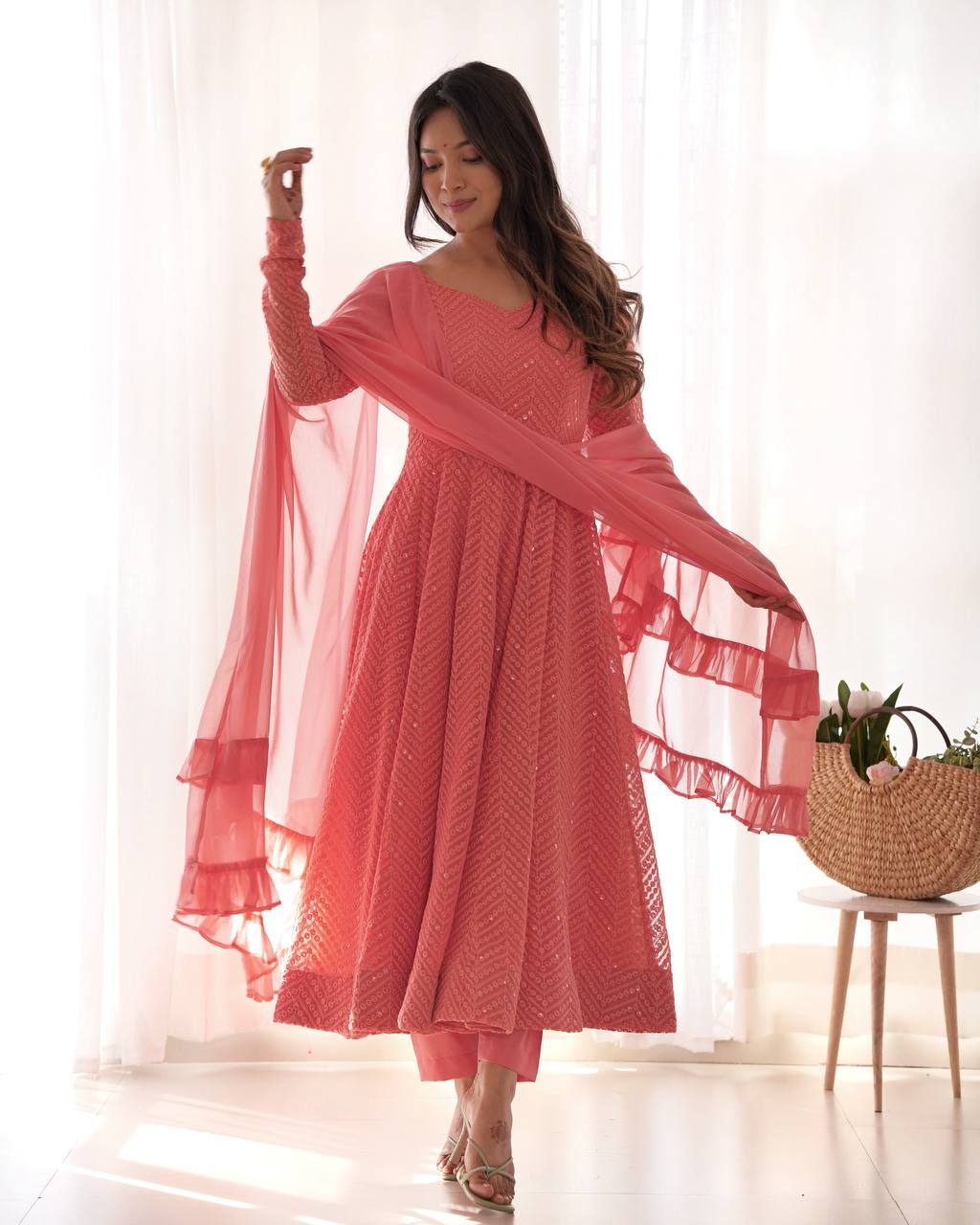 Peach Color Chikankari Embroidered Flared Anarkali Set