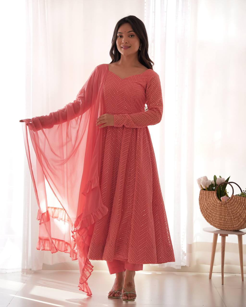 Peach Color Chikankari Embroidered Flared Anarkali Set