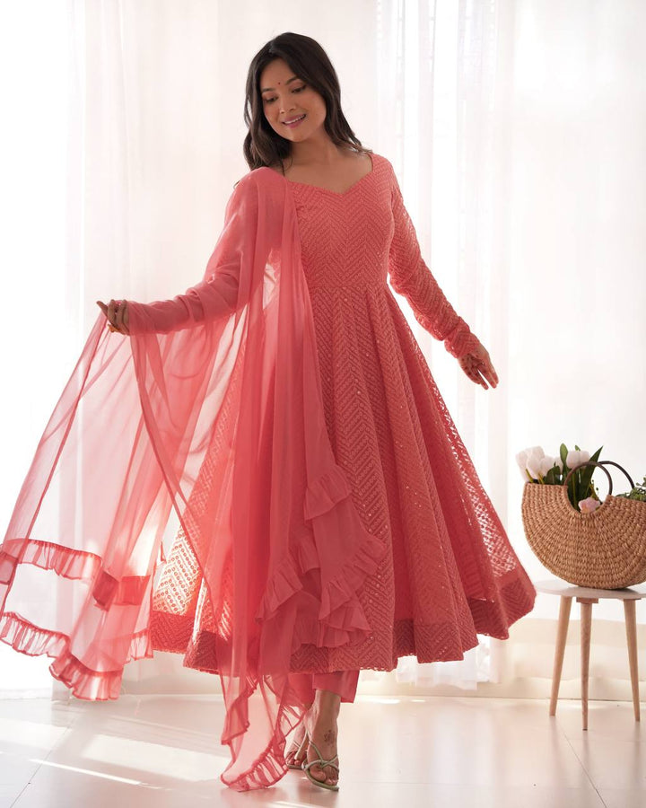 Peach Color Chikankari Embroidered Flared Anarkali Set