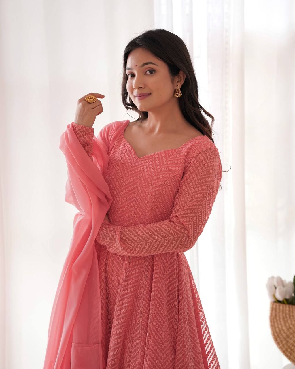 Peach Color Chikankari Embroidered Flared Anarkali Set