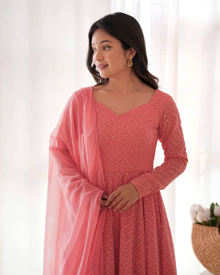 Peach Color Chikankari Embroidered Flared Anarkali Set
