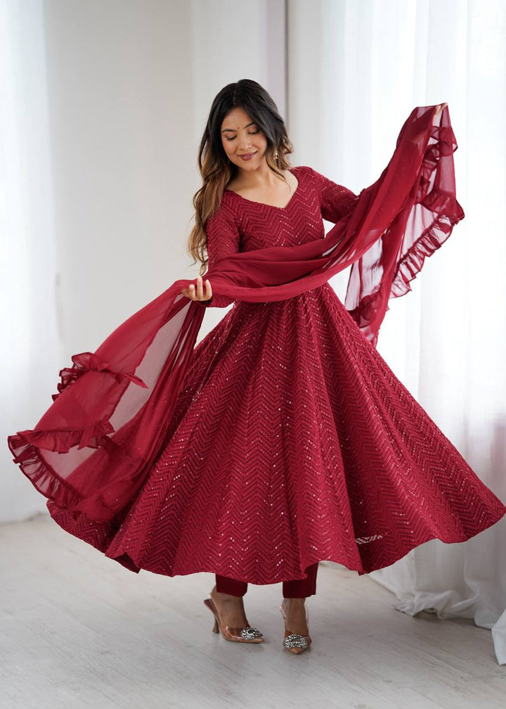 Maroon Color Chikankari Embroidered Flared Anarkali Set