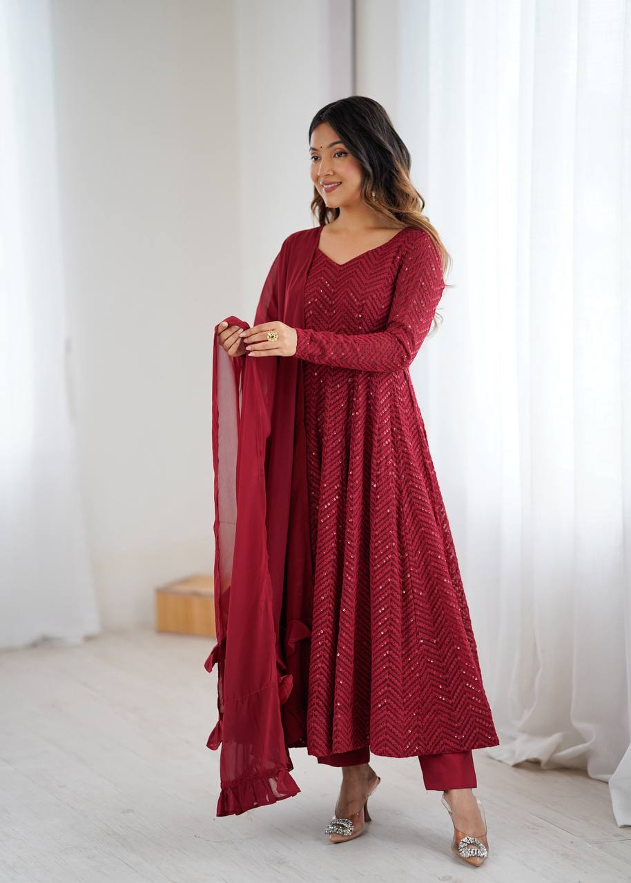 Maroon Color Chikankari Embroidered Flared Anarkali Set