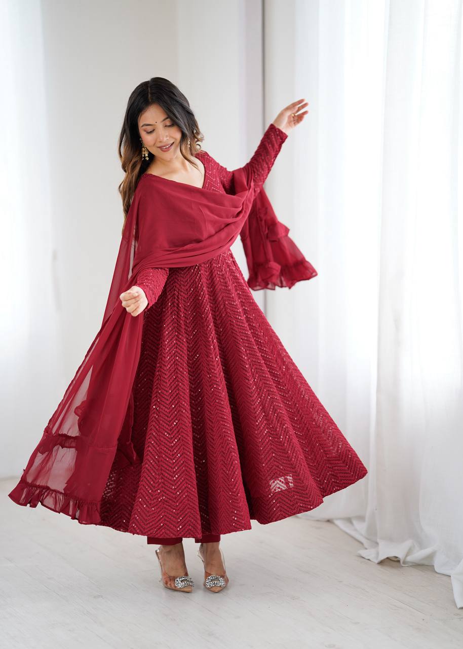 Maroon Color Chikankari Embroidered Flared Anarkali Set