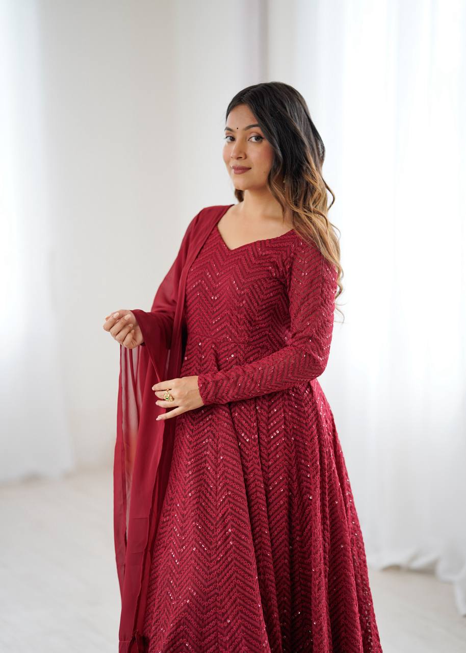 Maroon Color Chikankari Embroidered Flared Anarkali Set