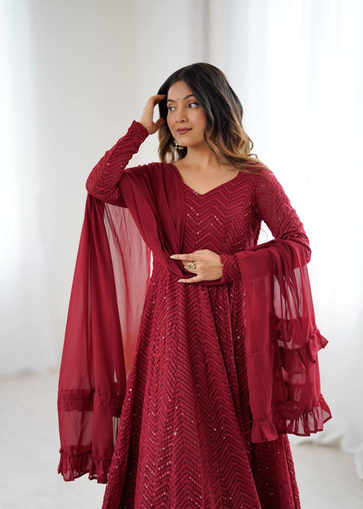 Maroon Color Chikankari Embroidered Flared Anarkali Set