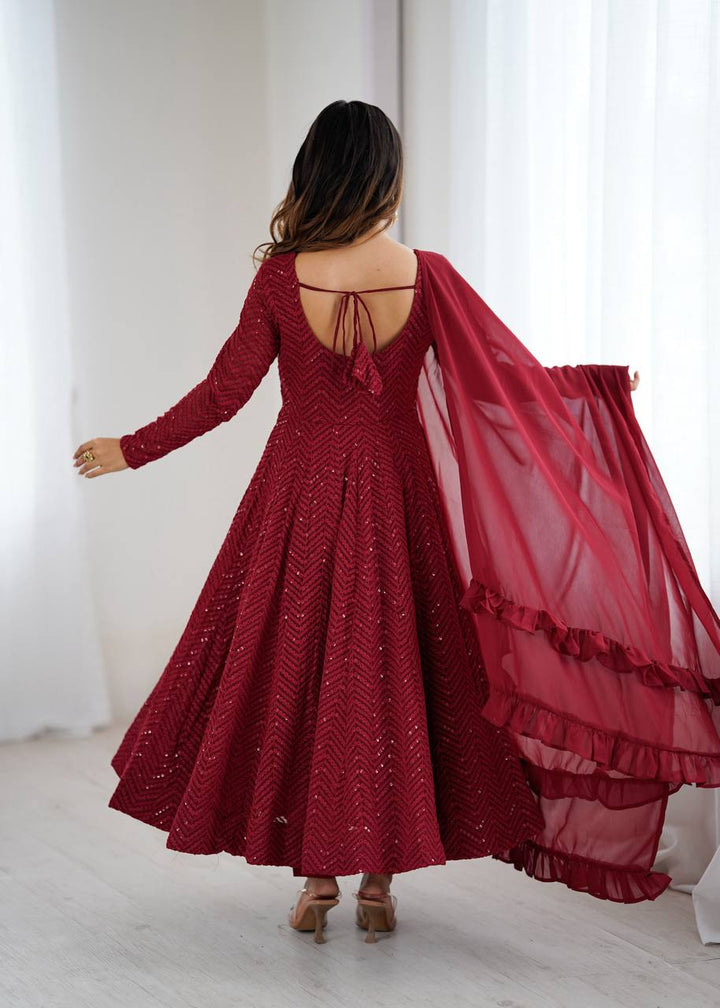 Maroon Color Chikankari Embroidered Flared Anarkali Set