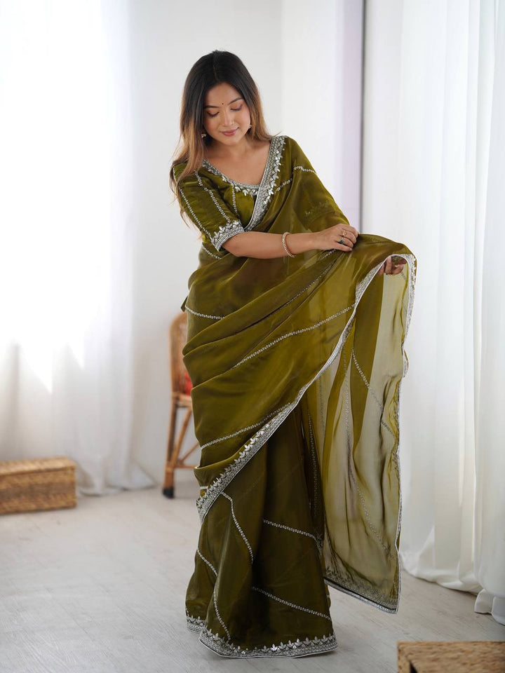 Mehndi Color Embroidered JMC Silk Saree
