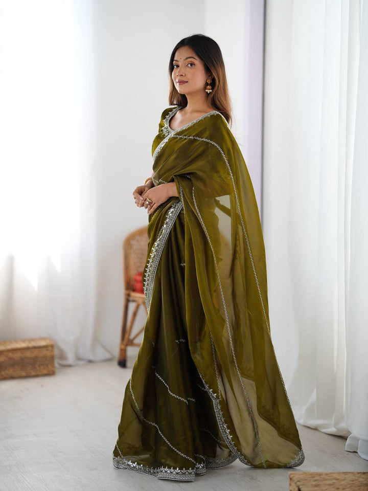 Mehndi Color Embroidered JMC Silk Saree