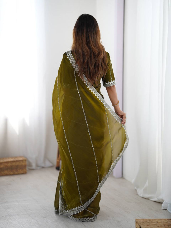 Mehndi Color Embroidered JMC Silk Saree
