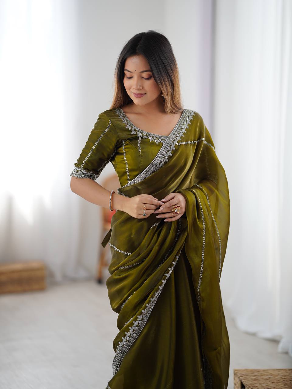 Mehndi Color Embroidered JMC Silk Saree