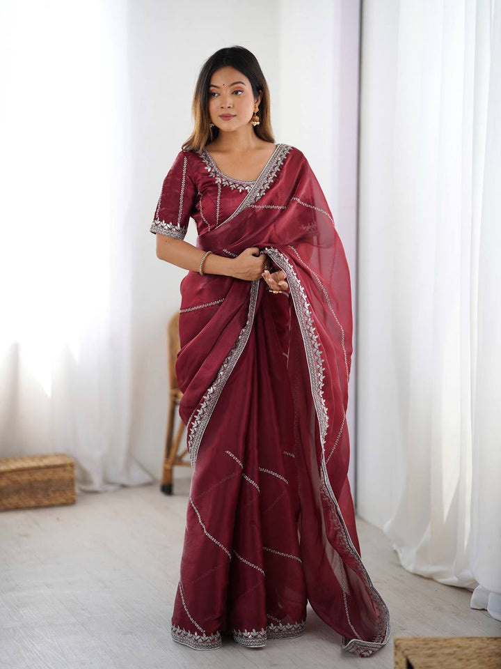 Maroon Color Embroidered JMC Silk Saree