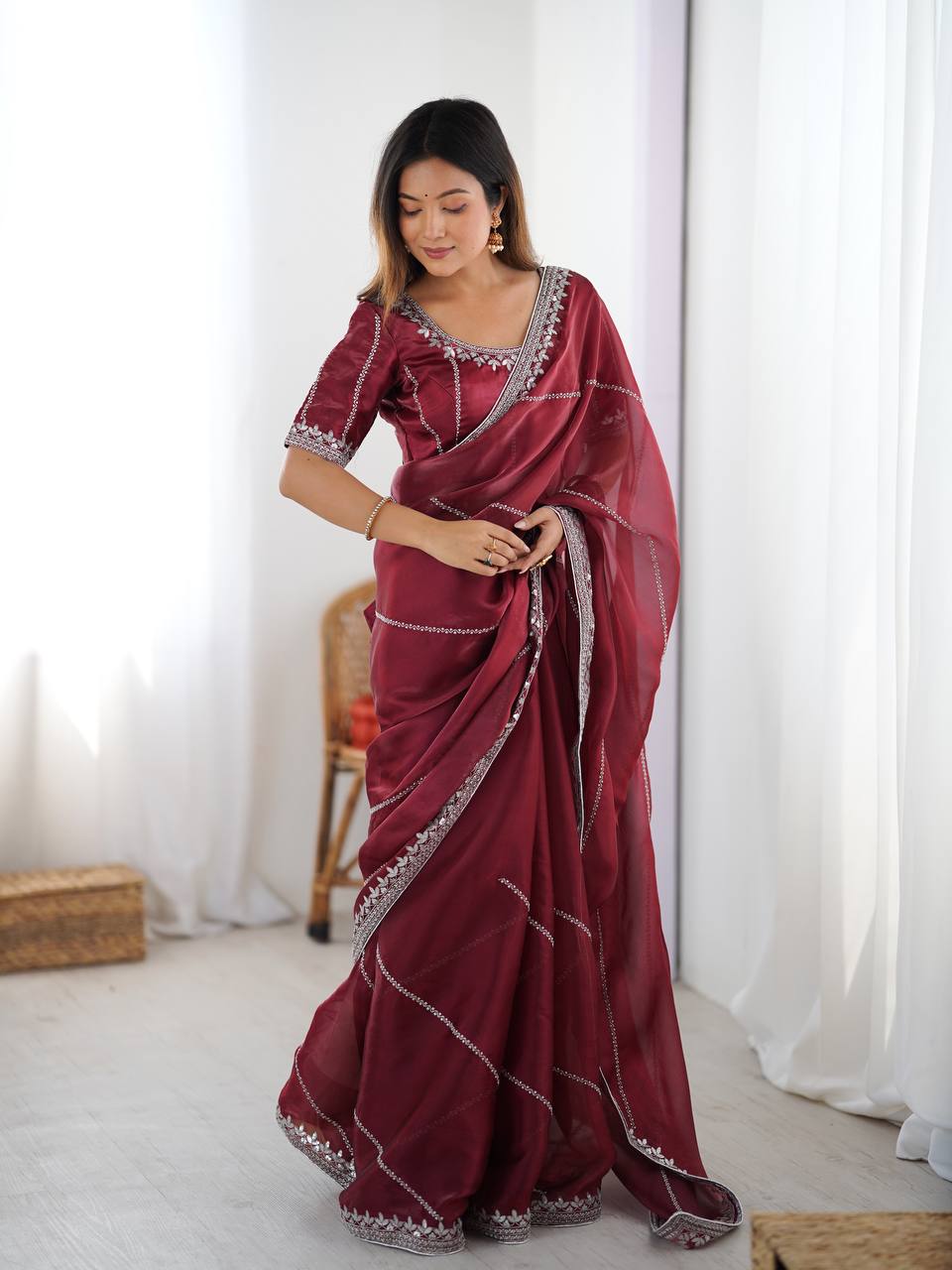 Maroon Color Embroidered JMC Silk Saree