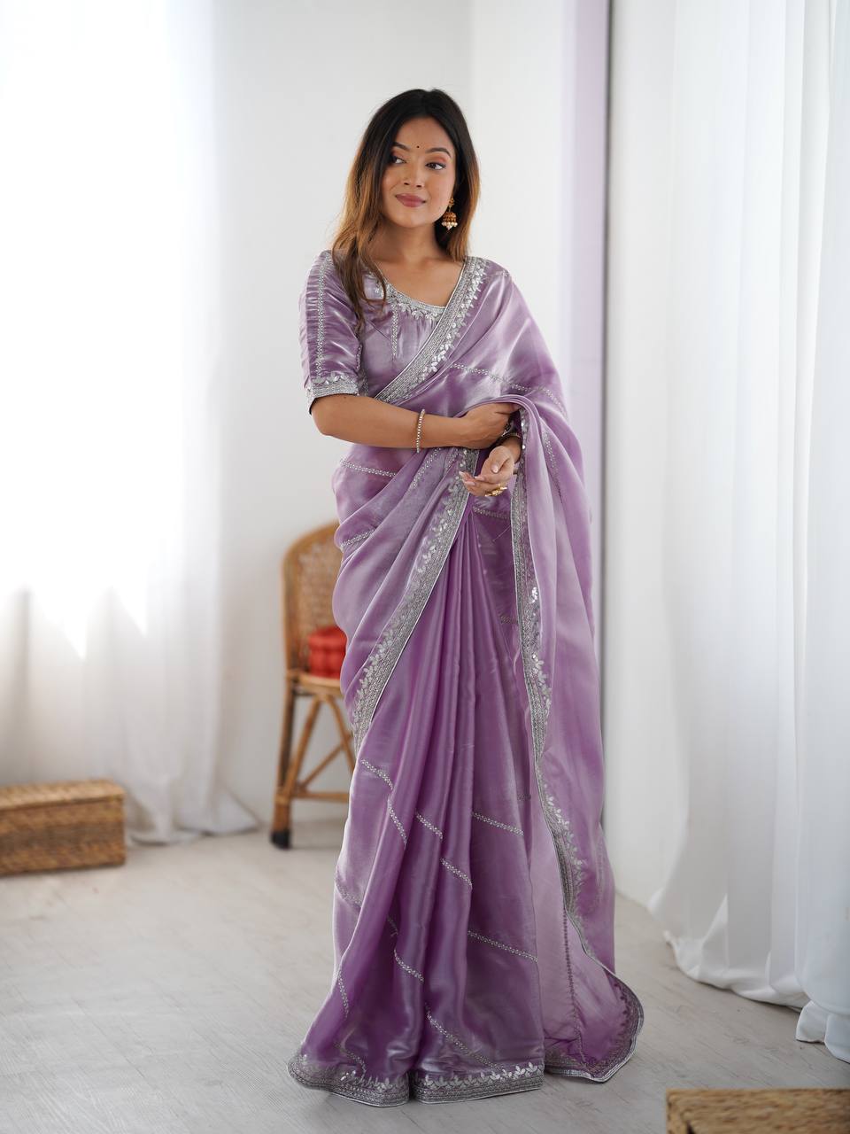 lavender Color Embroidered JMC Silk Saree