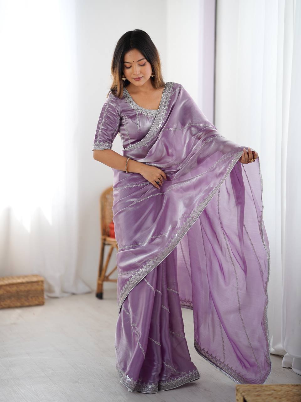 lavender Color Embroidered JMC Silk Saree