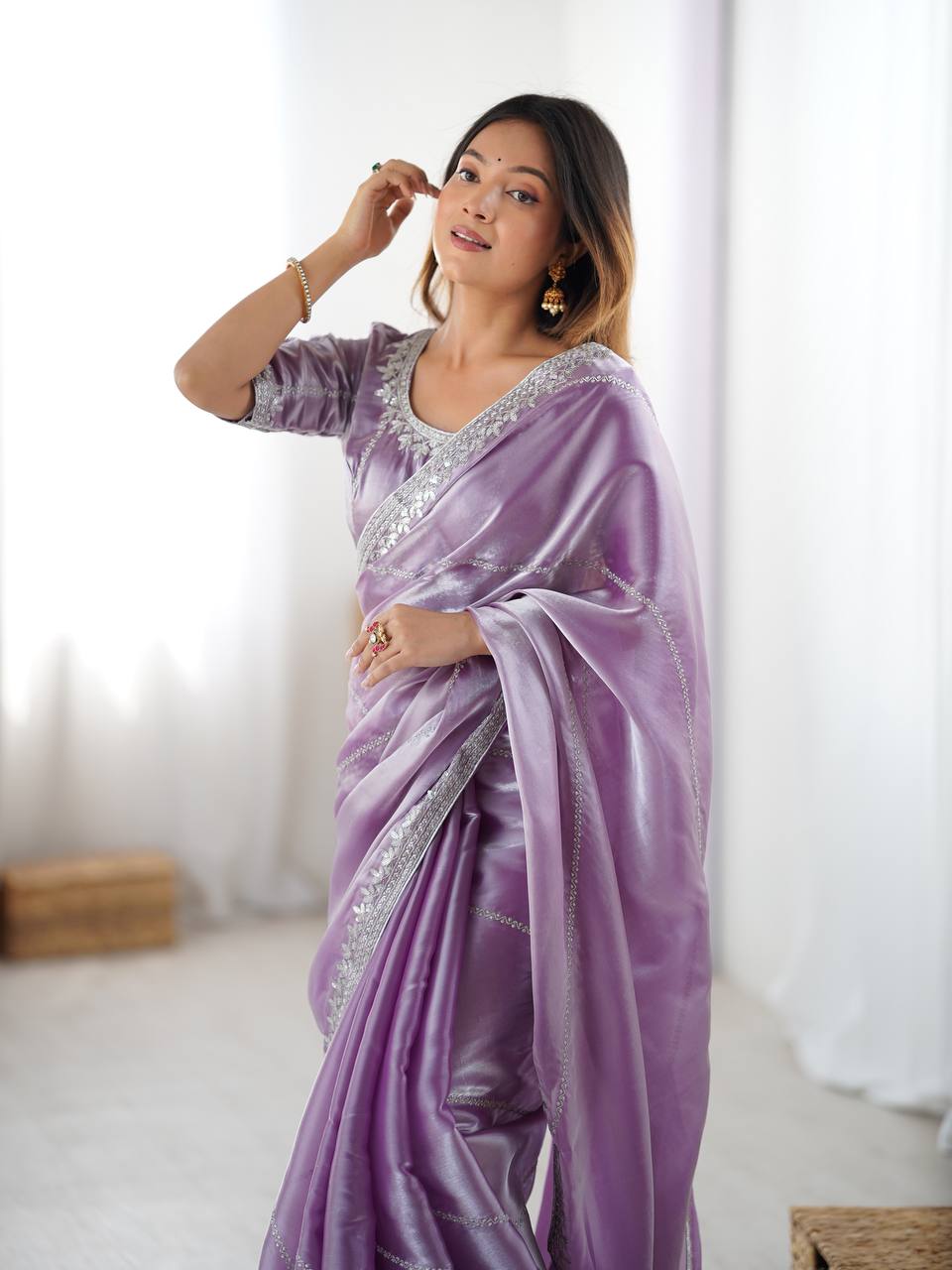 lavender Color Embroidered JMC Silk Saree