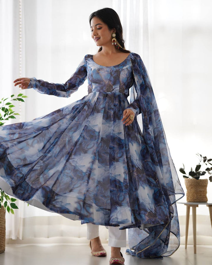 Navy Blue Marble Printed Flared Organza Anarkali Suit