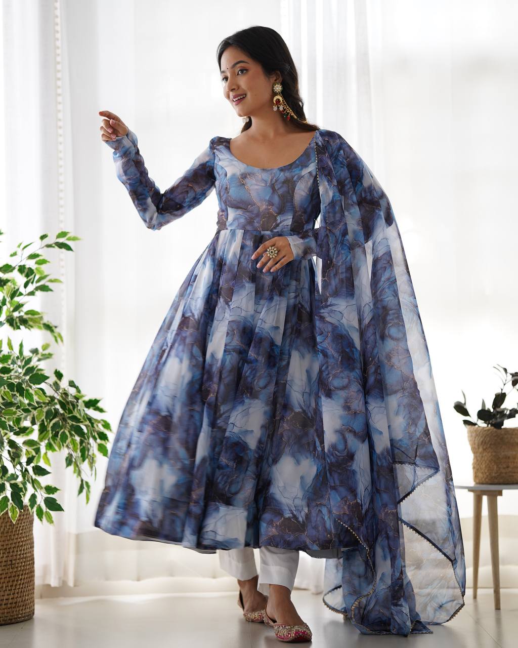Navy Blue Marble Printed Flared Organza Anarkali Suit