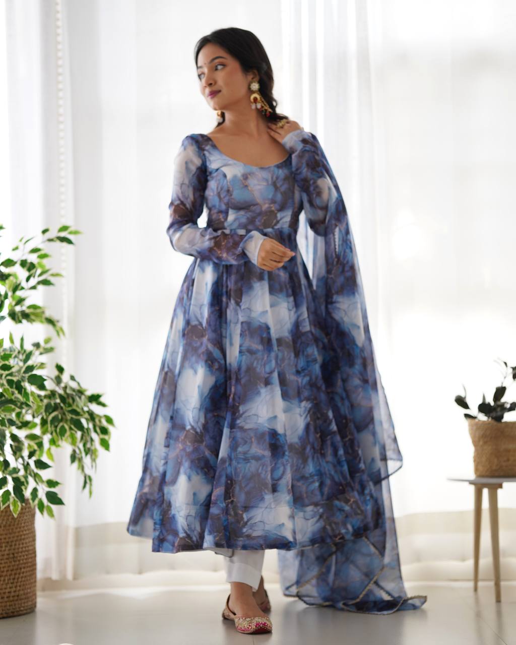 Navy Blue Marble Printed Flared Organza Anarkali Suit