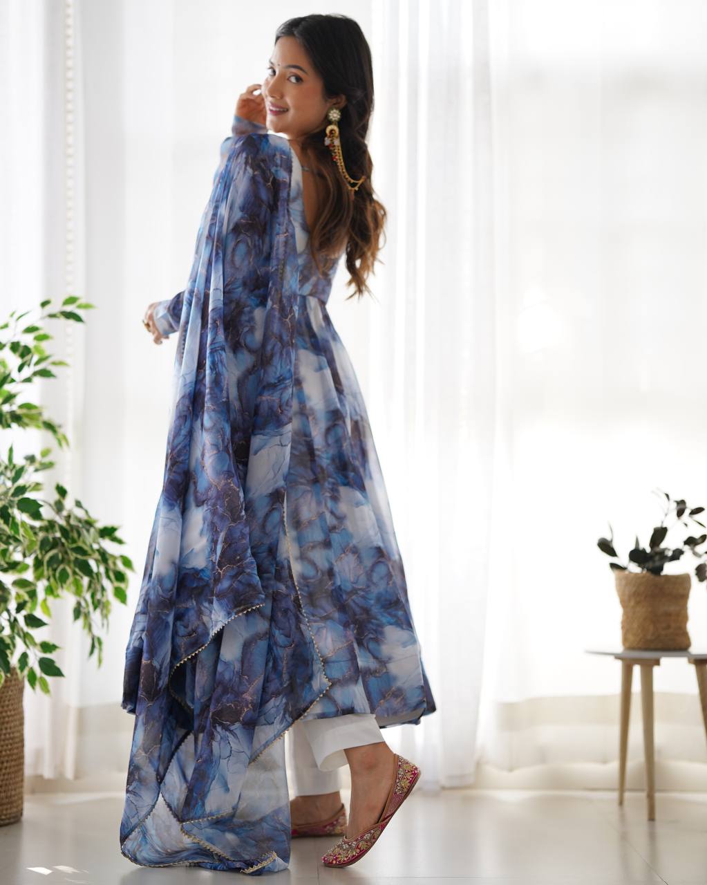 Navy Blue Marble Printed Flared Organza Anarkali Suit