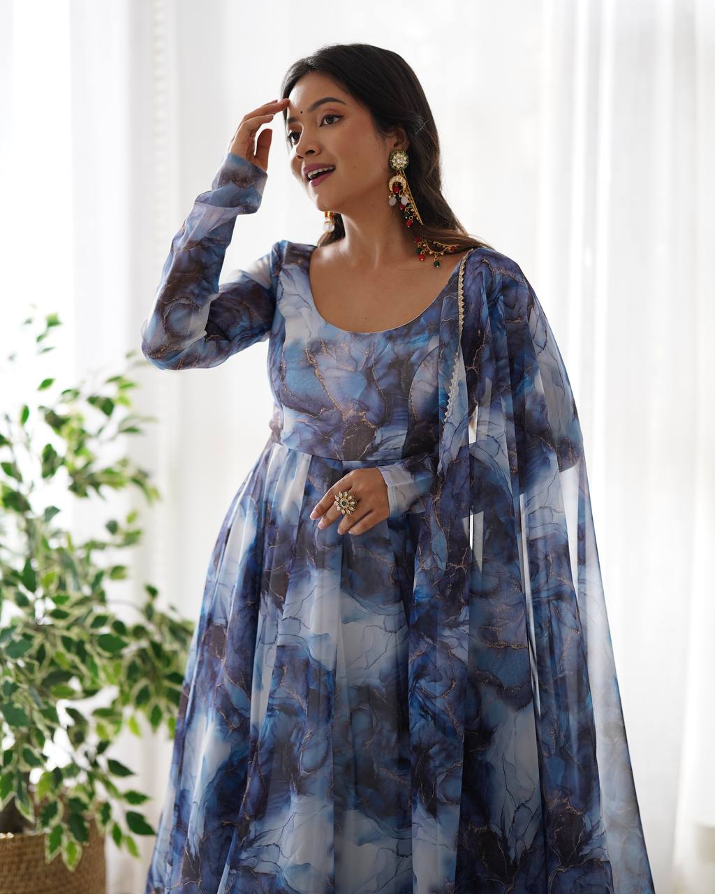 Navy Blue Marble Printed Flared Organza Anarkali Suit