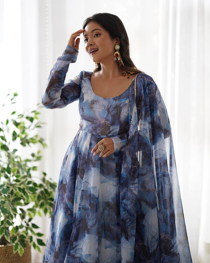 Navy Blue Marble Printed Flared Organza Anarkali Suit