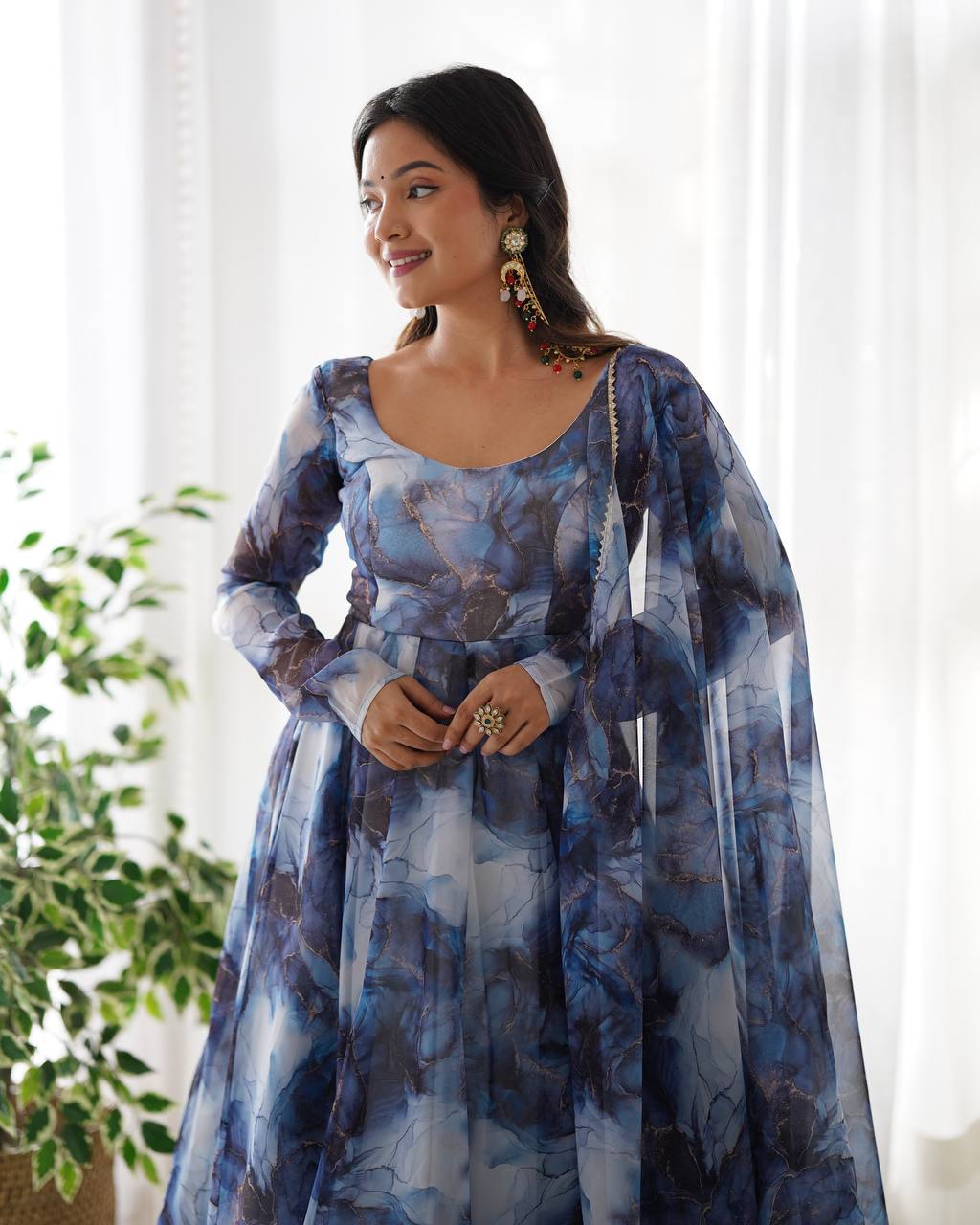 Navy Blue Marble Printed Flared Organza Anarkali Suit
